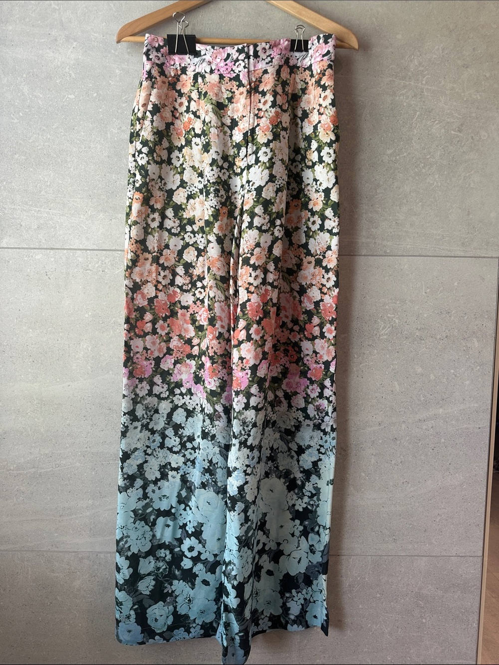 Reiss Floral Wide Leg Trousers in Pink Green Blue Gradient